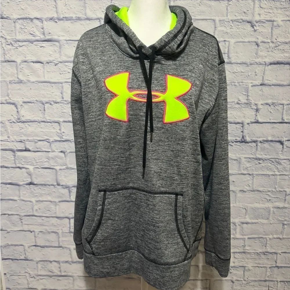 Under Armour Cold Gear Loose Fit Hoodie Gray Striped Fuscia Pink Pullover Sz L